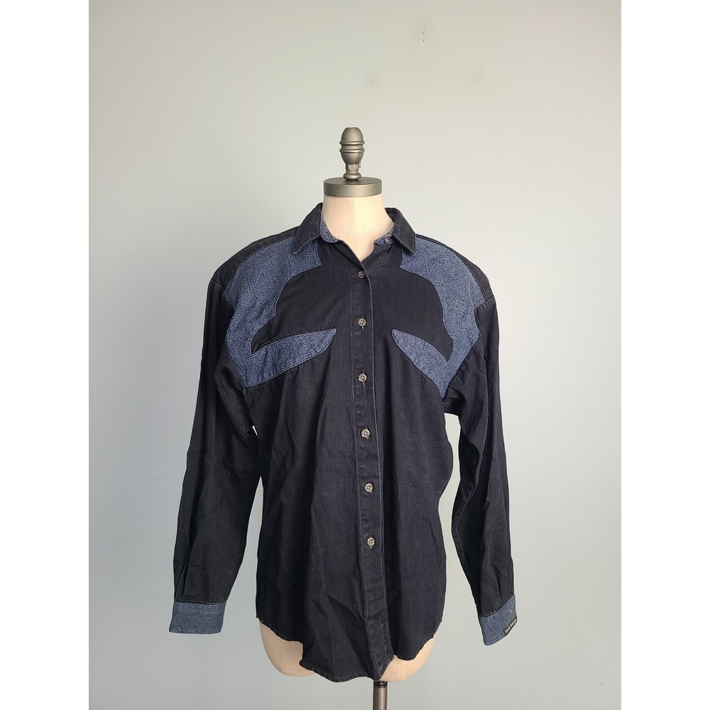 VTG Rocky Mountain Rockies Sz S Denim Top Western Paisley Blue Black Rodeo